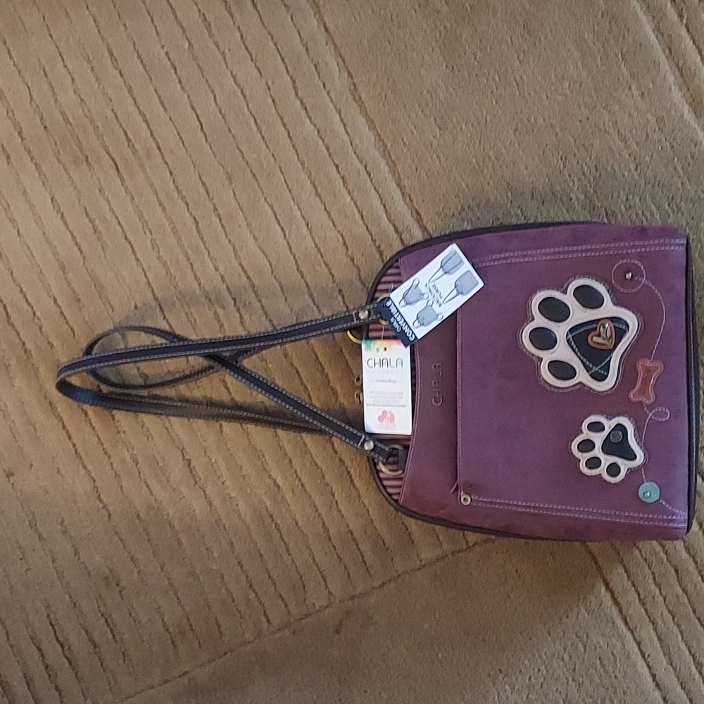Chala Purple and Brown Backpack with Playful Paw Prints